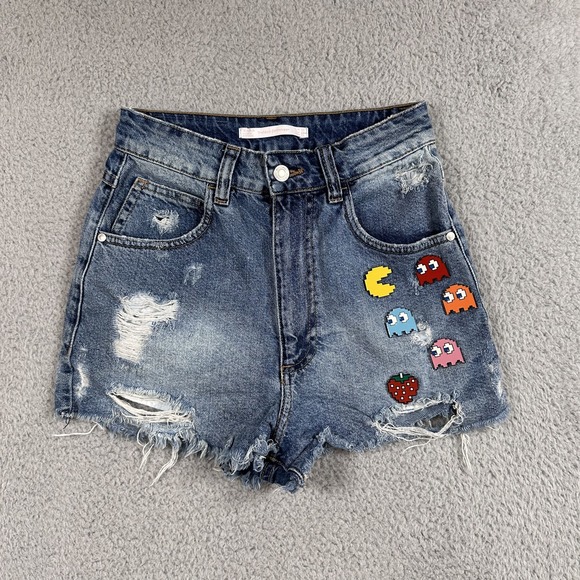 Zara Pants - Zara Trafaluc Denimwear Shorts Womens 2 Blue Distressed Pac-Man Patch High Rise